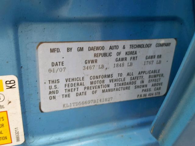 KL1TD56697B141827 - 2007 CHEVROLET AVEO BASE ლურჯი ფოტო 10