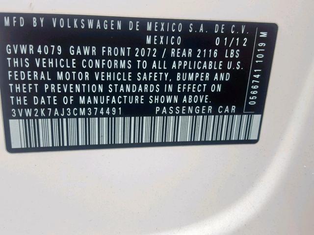 3VW2K7AJ3CM374491 - 2012 VOLKSWAGEN JETTA BASE WHITE photo 10