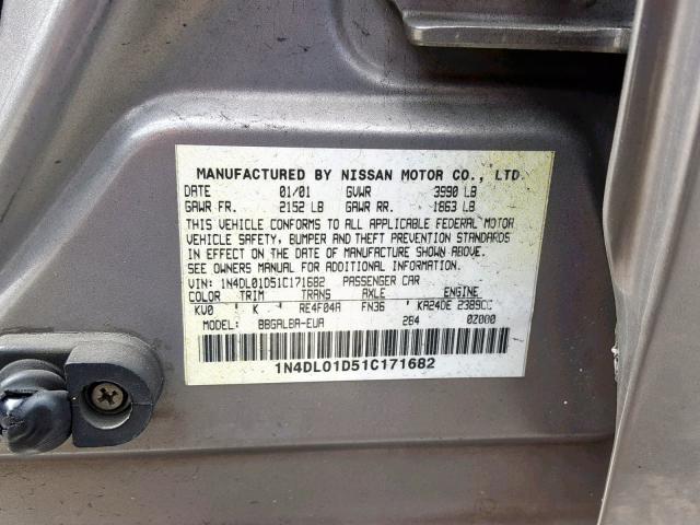 1N4DL01D51C171682 - 2001 NISSAN ALTIMA XE GRAY photo 10