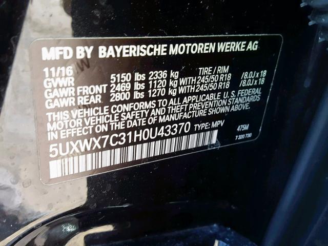 5UXWX7C31H0U43370 - 2017 BMW X3 XDRIVE3 BLACK photo 10