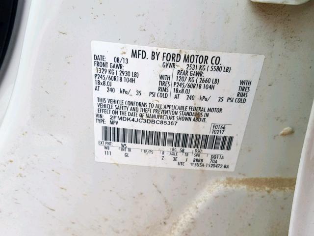 2FMDK4JC3DBC85367 - 2013 FORD EDGE SEL WHITE photo 10