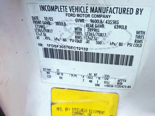 1FDSF30576EC12132 - 2006 FORD F350 SRW S WHITE photo 10