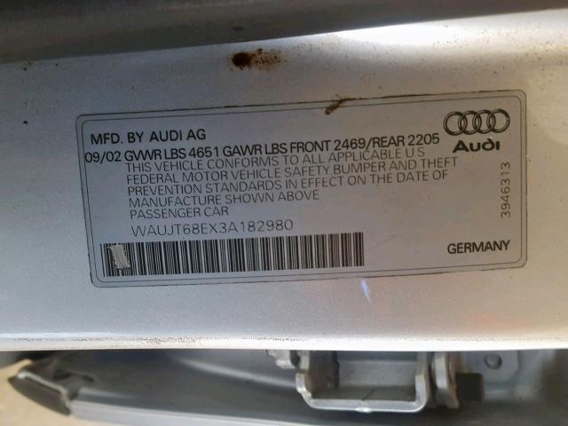 WAUJT68EX3A182980 - 2003 AUDI A4 3.0 SILVER photo 10