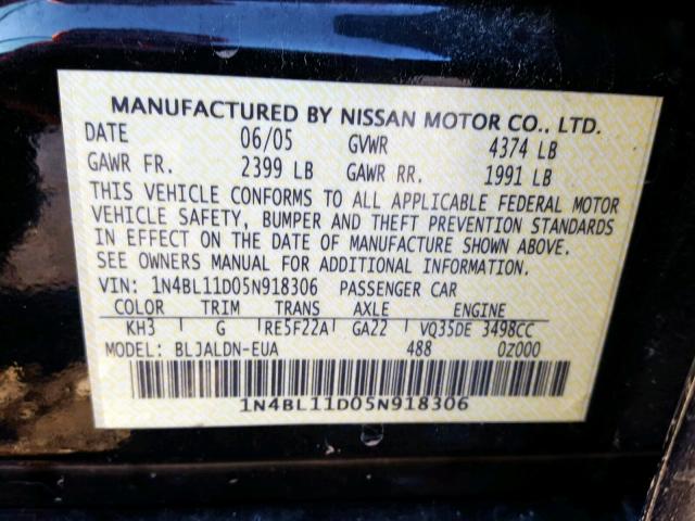 1N4BL11D05N918306 - 2005 NISSAN ALTIMA SE BLACK photo 10