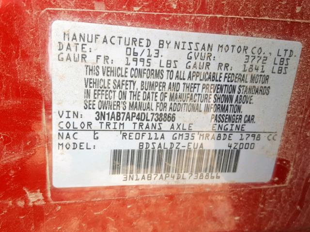 3N1AB7AP4DL738866 - 2013 NISSAN SENTRA SV RED photo 10