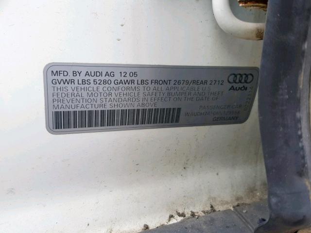 WAUDH74F06N129558 - 2006 AUDI A6 3.2 QUA WHITE photo 10