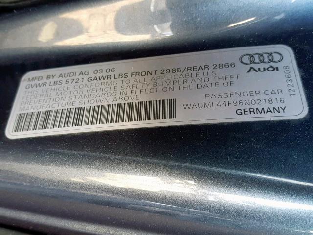 WAUML44E96N021816 - 2006 AUDI A8 L QUATT GRAY photo 10