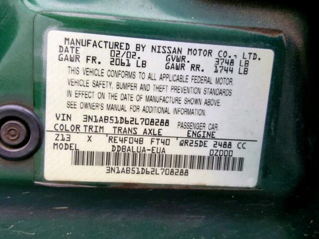 3N1AB51D62L708288 - 2002 NISSAN SENTRA SE- GREEN photo 10