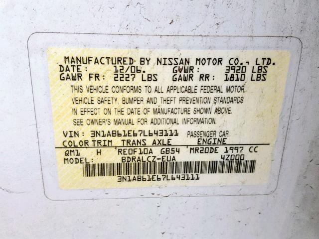 3N1AB61E67L643111 - 2007 NISSAN SENTRA 2.0 WHITE photo 10