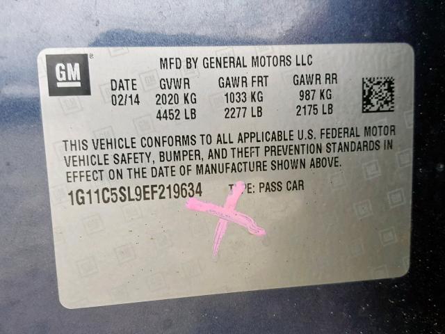 1G11C5SL9EF219634 - 2014 CHEVROLET MALIBU 1LT ლურჯი ფოტო 10