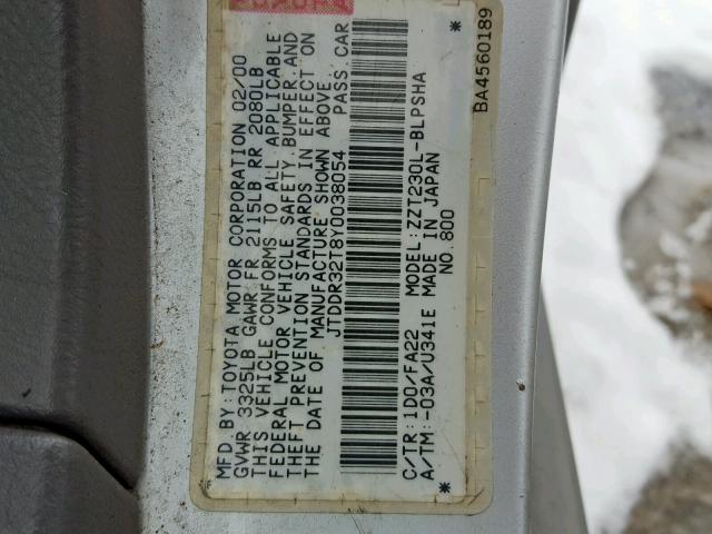 JTDDR32T8Y0038054 - 2000 TOYOTA CELICA GT SILVER photo 10