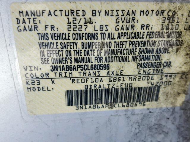 3N1AB6AP5CL680596 - 2012 NISSAN SENTRA 2.0 SILVER photo 10