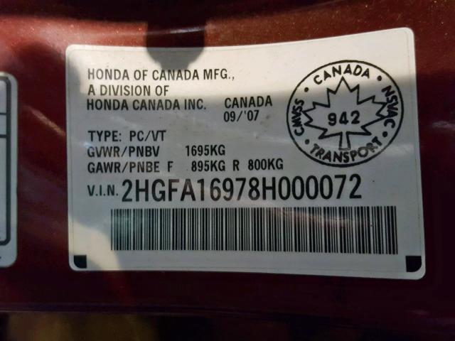 2HGFA16978H000072 - 2008 HONDA CIVIC EXL 红色 照片 10