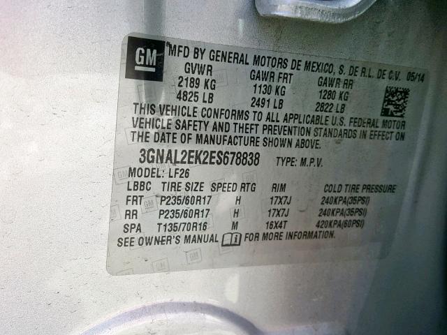 3GNAL2EK2ES678838 - 2014 CHEVROLET CAPTIVA LS 银色 照片 10