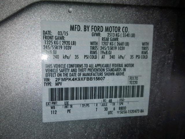 2FMPK4K9XFBB15607 - 2015 FORD EDGE TITAN SILVER photo 10