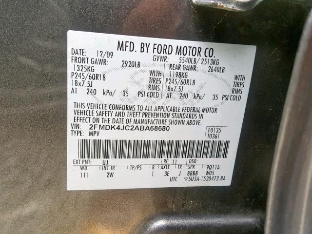 2FMDK4JC2ABA68680 - 2010 FORD EDGE SEL GRAY photo 10