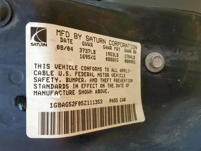 1G8AG52F05Z111353 - 2005 SATURN ION LEVEL SILVER photo 10