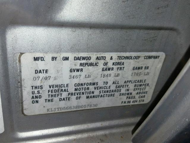 KL1TD56638B057830 - 2008 CHEVROLET AVEO BASE ვერცხლისფერი ფოტო 10