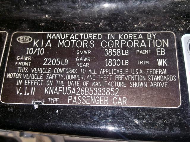 KNAFU5A26B5333852 - 2011 KIA FORTE EX BLACK photo 10