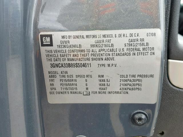 3GNCA33B89S504611 - 2009 CHEVROLET HHR LS Gris foto 10