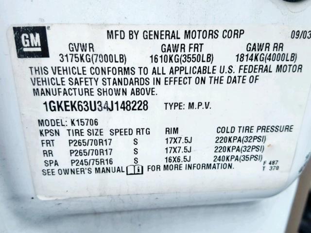 1GKEK63U34J148228 - 2004 GMC YUKON DENA WHITE photo 10