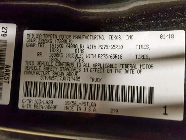 5TFHW5F17JX717485 - 2018 TOYOTA TUNDRA CRE BLACK photo 10