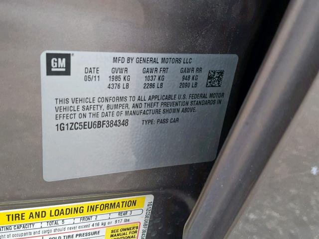 1G1ZC5EU6BF384348 - 2011 CHEVROLET MALIBU 1LT 灰色 照片 10