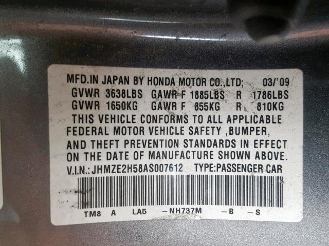 JHMZE2H58AS007612 - 2010 HONDA INSIGHT LX GRAY photo 10