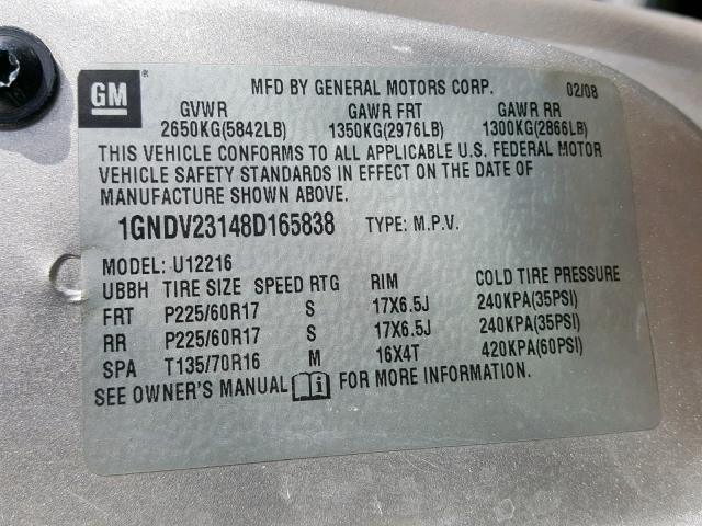 1GNDV23148D165838 - 2008 CHEVROLET UPLANDER L 银色 照片 10