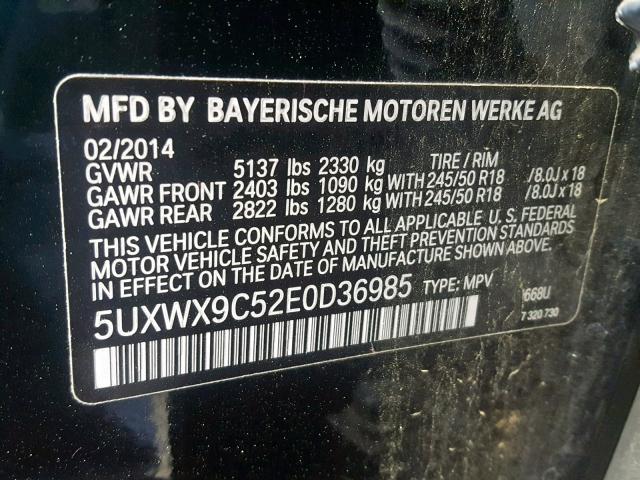 5UXWX9C52E0D36985 - 2014 BMW X3 XDRIVE2 BLACK photo 10