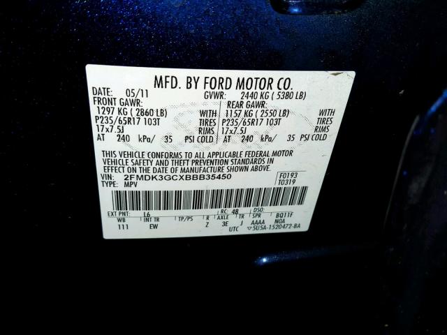 2FMDK3GCXBBB35450 - 2011 FORD EDGE SE BLUE photo 10