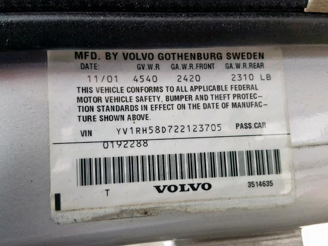 YV1RH58D722123705 - 2002 VOLVO S60 2.5T SILVER photo 10