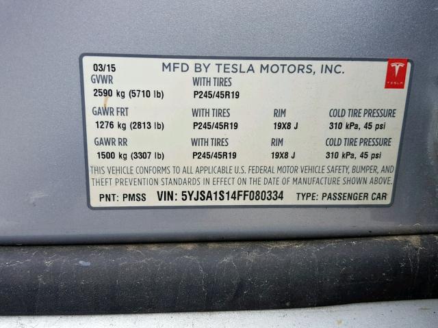 5YJSA1S14FF080334 - 2015 TESLA MODEL S 70 SILVER photo 10