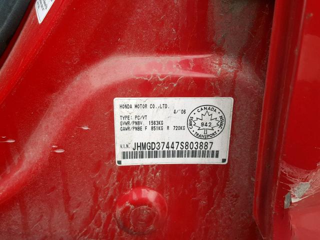 JHMGD37447S803887 - 2007 HONDA FIT RED photo 10