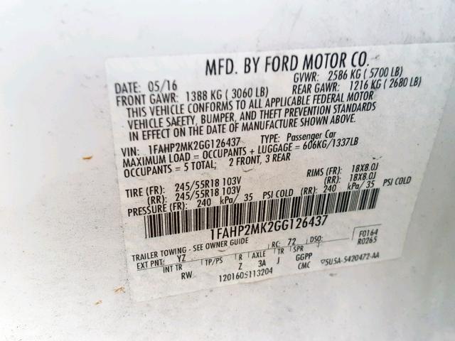 1FAHP2MK2GG126437 - 2016 FORD TAURUS POL WHITE photo 10