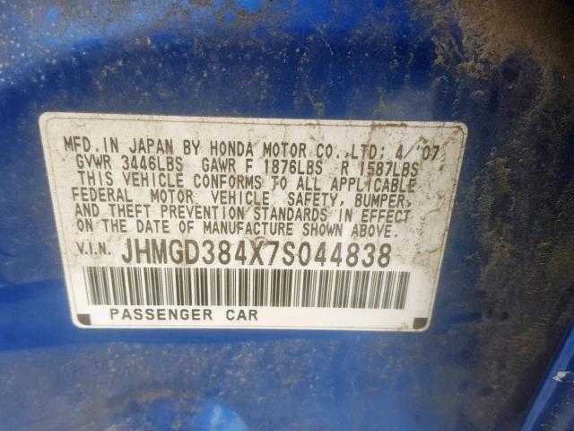 JHMGD384X7S044838 - 2007 HONDA FIT BLUE photo 10