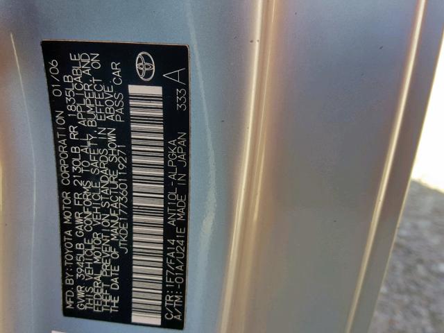 JTKDE177360119271 - 2006 TOYOTA SCION TC 银色 照片 10