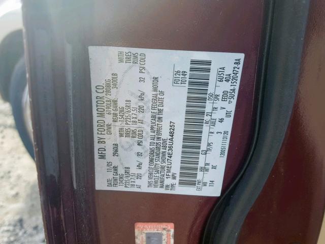 1FMEU74E36UA48257 - 2006 FORD EXPLORER E BURGUNDY photo 10