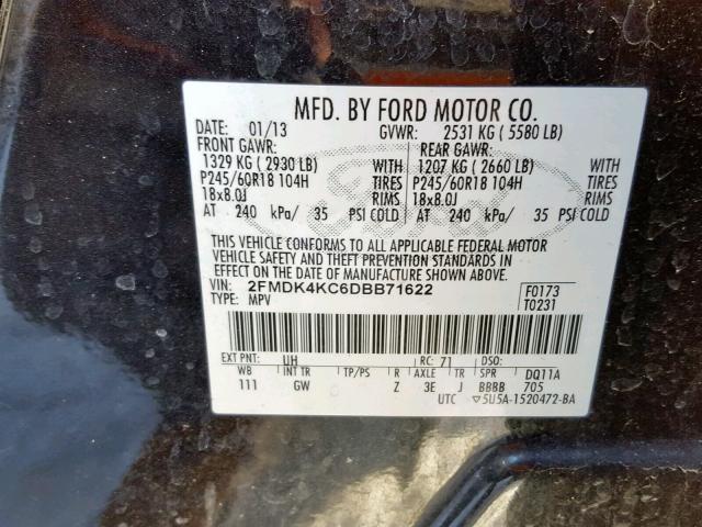 2FMDK4KC6DBB71622 - 2013 FORD EDGE LIMIT BLACK photo 10