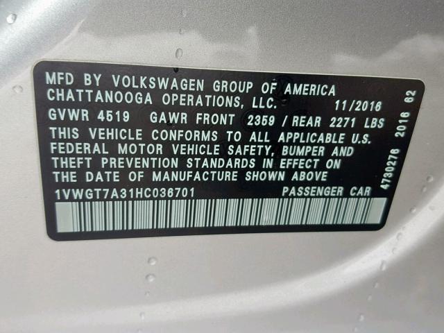 1VWGT7A31HC036701 - 2017 VOLKSWAGEN PASSAT SE SILVER photo 10