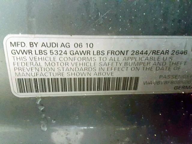 WAUBVBFB0BN003479 - 2011 AUDI A6 PRESTIG SILVER photo 10