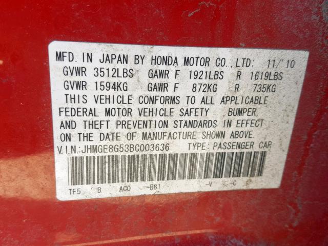 JHMGE8G53BC003636 - 2011 HONDA FIT SPORT RED photo 10