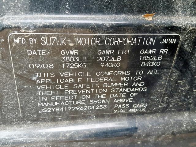 JS2YB417296201253 - 2009 SUZUKI SX4 TOURIN BLACK photo 10