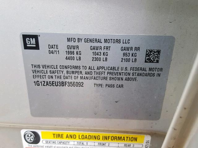 1G1ZA5EU3BF356092 - 2011 CHEVROLET MALIBU LS TAN photo 10