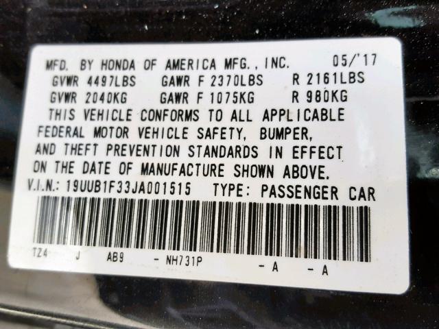 19UUB1F33JA001515 - 2018 ACURA TLX BLACK photo 10