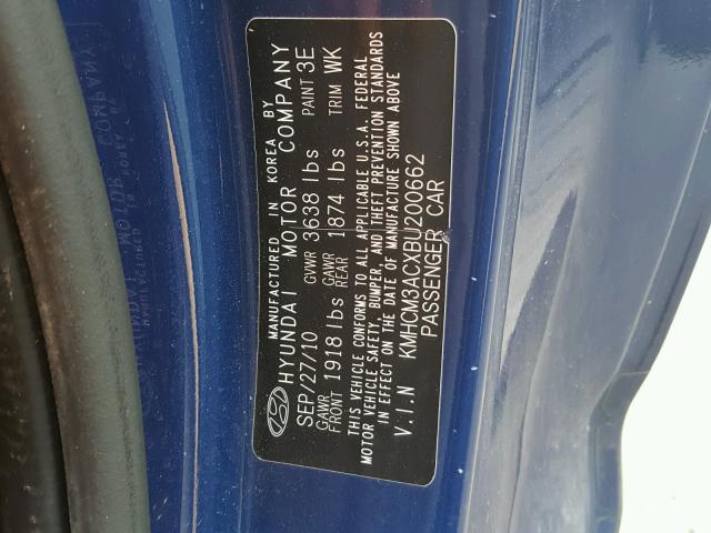 KMHCM3ACXBU200662 - 2011 HYUNDAI ACCENT GL BLUE photo 10