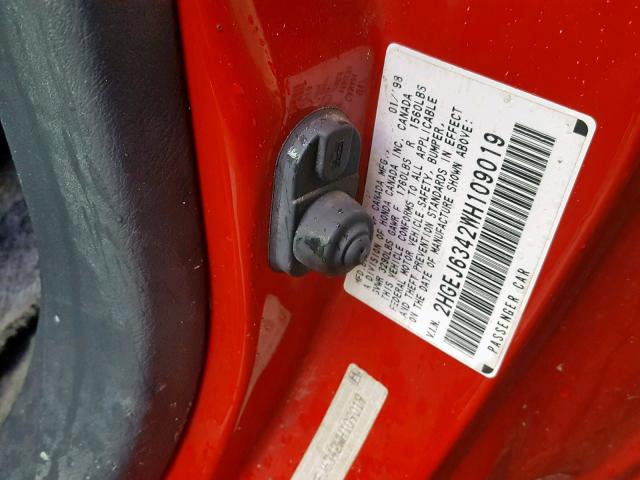 2HGEJ6342WH109019 - 1998 HONDA CIVIC DX RED photo 10