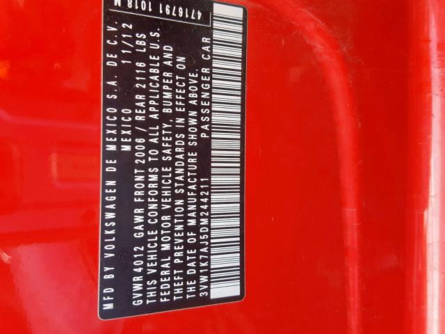 3VW1K7AJ5DM244211 - 2013 VOLKSWAGEN JETTA BASE RED photo 10