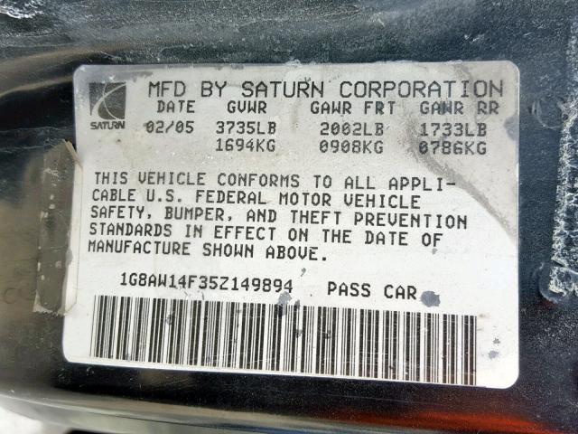 1G8AW14F35Z149894 - 2005 SATURN ION LEVEL BLUE photo 10