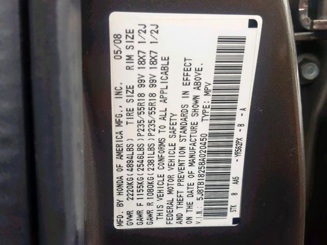 5J8TB18258A020450 - 2008 ACURA RDX GRAY photo 10